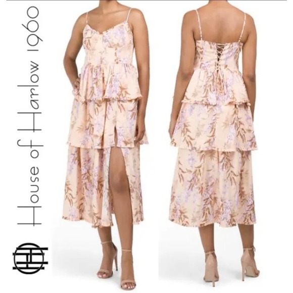 House of Harlow Linen Bustier Lace-up-back  Tiered Maxi Dress Size Small NWOT - Picture 1 of 8
